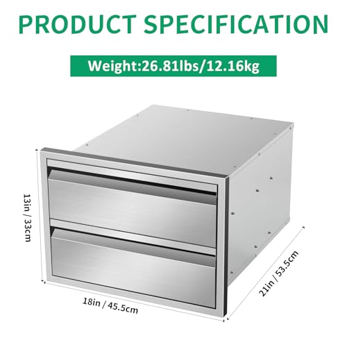 Image of Outdoor Kitchen Drawers 18 inch W x 13 inch H x 21 inch D Stainless Steel Double Drawers with Hidden Handle for BBQ Island, Patio Grill Station & Outdoor Kitchen Cabinets