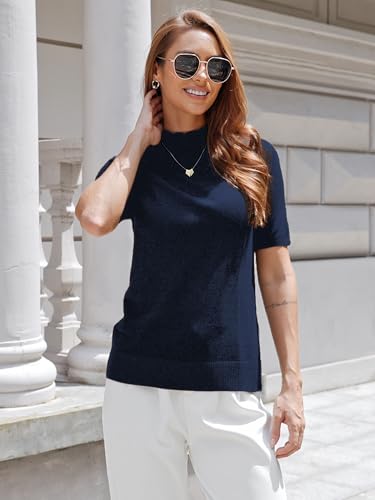 Image of Short Sleeve Mock Neck Turtleneck Sweater Tops Knit T Shirts Capsule Wardrobe Essentials