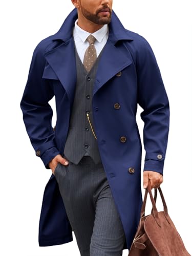 Image of Runcati Mens Trench Coat Double Breasted Notched Lapel Casual Belted Windbreaker Fall Classic Long Jacket Overcoat