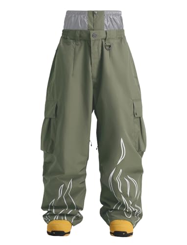 GSOU SNOW Men Baggy Snowboard Pants Women Snow Pants Waterproof Cargo Snowboarding Ski Pants with Reflective Flame Graphic Green