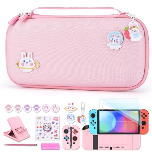innoAura Funda para NS Switch Accesorios NS Switch 18 en 1 con Carcasa de Transporte de Switch, Carcasa de Videojuegos de Switch, Protector de Pantalla de Switch, Soporte de Switch(Rosado)