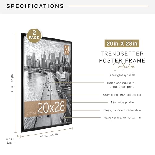 MCS Trendsetter 20x28 Poster Frame Black High-Gloss, Vertical & Horizontal Wall Hanging Large Picture Frame for Photos, Posters & Art Prints (2-Pack)