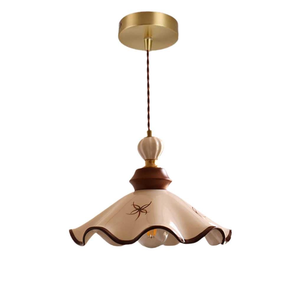 HUAYUSEDF Vintage Ceramic Pendant Light with Scalloped Edge Wood Fixture Nordic Porcelain Hanging Lamp for Kitchen Island Bedside Cafe Lighting 11.6 Inch Wide Adjustable