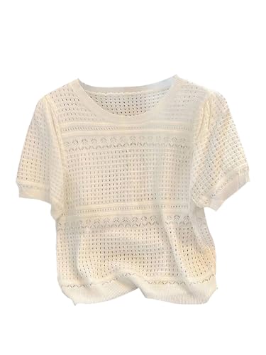 Verdusa Women's Hollow Out Sweater Knit Crew Neck Short Sleeve Lightweight Pullover Tops2