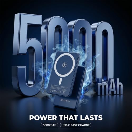 Image of Muvtech Aeroslim 5000mAh Slimmest Magnetic Wireless Power Bank, Metal Body, Ultra Slim Mini Pocket Size, 20W Fast Charging, Type-C in /Out for iPhone, Samsung & Pixel