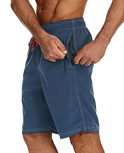 Silkworld Mens 9" Swim Shorts Solid Workout Surf Beach Shorts Swimsuit With Mesh Lining,Navy(Red Drawstring),X-Small #TOP17