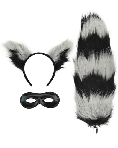 PATURPINT Halloween Costume Raccoon Set Furry Ears Headband Tail with Eye Mask 3-Piece Dress Up Accessories (Grey and Black)