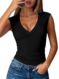 PRETTYGARDEN Deep V Neck Sleeveless Tank Tops for Women Trendy Ribbed Knit Slim Fit Basic T Shirt Womens Camisole (Black, Medium)
