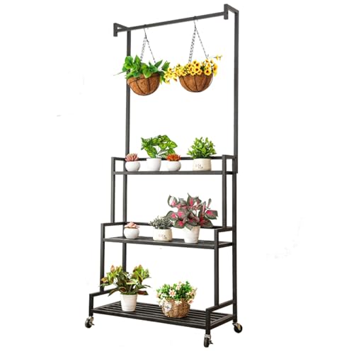 3-Tier Metal Plant Stand with Wheels, 188 cm Tall Etagere for Indoor/Outdoor Use, Ladder Design Flower Holder for Living Room, Balcony, Terrace, Garden (Black, 100 cm)