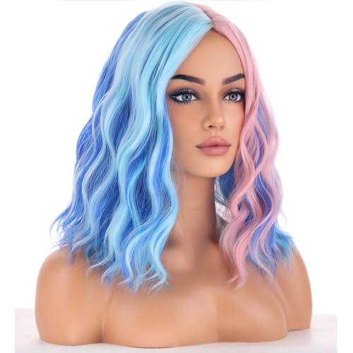 Image of BERON Blue and Pink Wigs for Women Short Curly Bob Wavy Wig Girls Colorful Body Heat Resistant Synthetic Hair Wig Cosplay Daily Party Wigs