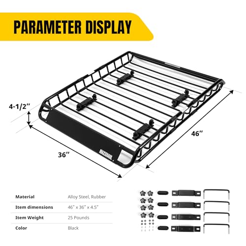 Image of MaxxHaul Steel Roof Rack Cargo Basket, 46 inch x 36 inch x 4.5 inch Roof Top Carrier, Universal Fit for Cars, SUVs, Vans, and RVs, 150 lb Capacity, Weather-Resistant Easy-Install Cargo Storage (70115)