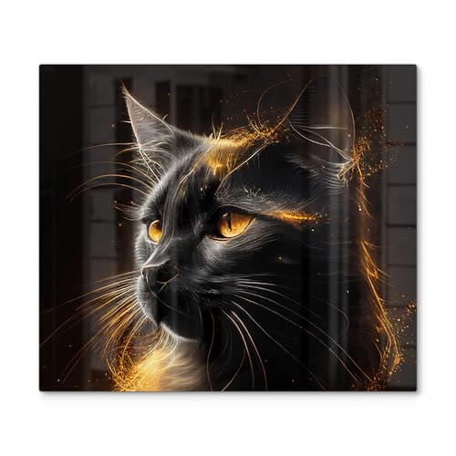 DEQORI Herdabdeckplatte Glas | einteilig 60x52 cm | Motiv Goldener Katzenglanz | Ceranfeld Abdeckplatte für Küche | Herd-Abdeckung universal | Glasplatte & Schneidebrett für Kochplatten