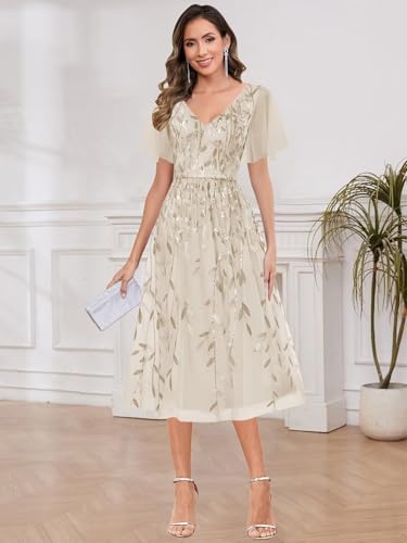 Tea Length Mother of Bride Dresses with Sleeve Glitter Sequin Formal Dress for Wedding Guest Dress4