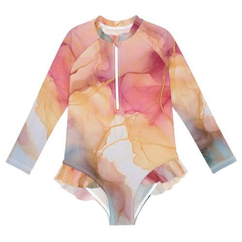 ALAZA Toddler Swimsuit Girl Bathing Suit Swimwear Rash Guard Pink Marble Orange Long Sleeve 3T