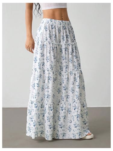 Women's Floral Maxi Skirt Boho Tiered Elastic Waist Pleated Flowy Vacation Skirts4