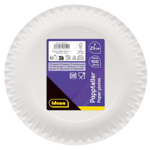 Idena 58250 - Platos de fiesta blancos, 100 piezas, diámetro 23 cm, ecológicos y compostables, platos de papel, vajilla de papel, vajilla desechable