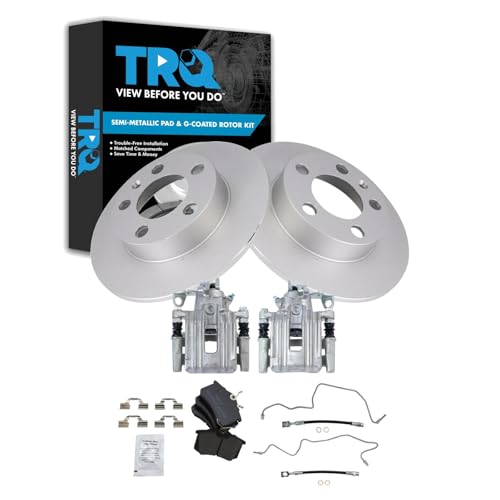 Image of TRQ Rear Brake Pad and Rotor Set Semi Metallic Coated Rotors Calipers Compatible with 1999 Volkswagen Jetta