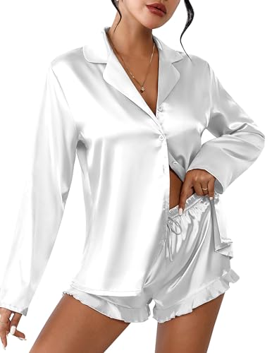 Image of Ekouaer Womens Satin Pajama Sets Long Sleeve Top and Shorts Lounge Set Button Down Sleepwear