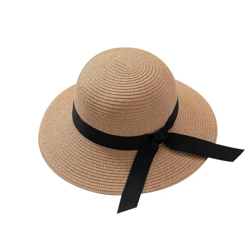 GSHLLO Bowknot Beach Straw Sun Hats Wide Brim Roll up Hat Foldable Packable Summer Caps Travel Floppy Hat Outdoor Camping Hats Khaki