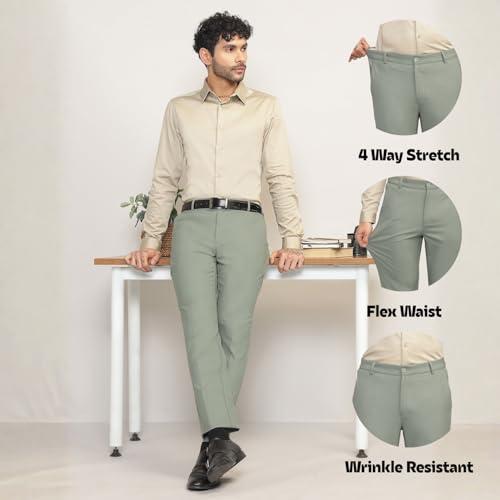Image of SUBTRACT Men 4 Way Stretch Wrinkle Free Slim Fit Formal Trouser with 2 Inch Flexible Waistband | Men's Trousers for Office Or Party