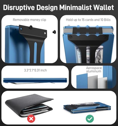 Image of Minimalist Wallet for Men, Slim Metal RFID Blocking Wallet Credit Card Holder Money Clip & Cash Strap, Scratch-Resistant Holds 15 Cards,Ideal Gift for Men | Matt Blue