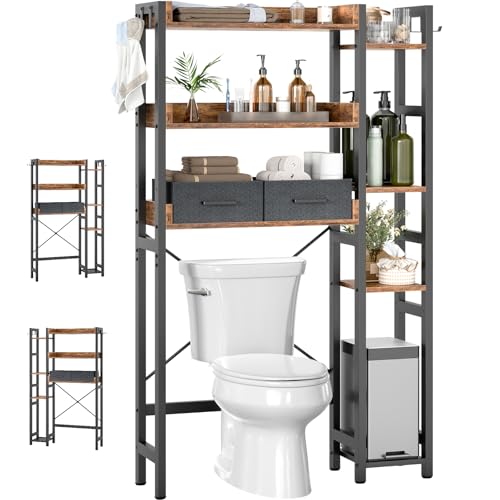 iSunirm Étagère WC avec 2 tiroirs - Étagère de Salle de Bain à 7 Niveaux avec étagère réglable, Meuble Machine à Laver avec 4 Crochets pour Salle de...