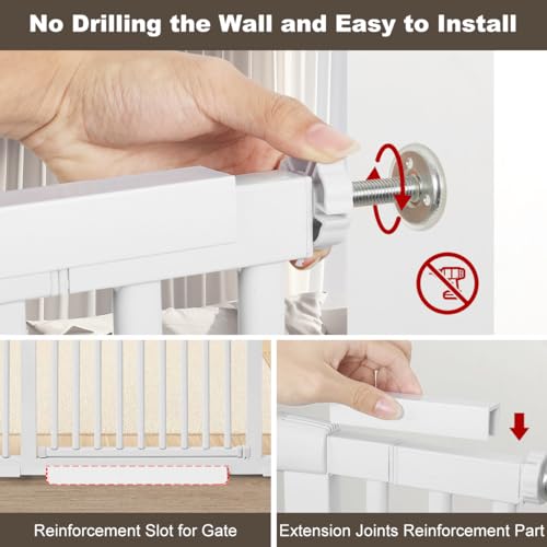 59" Extra Tall Cat Gate 2024 Easy Opening Auto Close Gate for Door Way, 30"-45" Extra Wide Pet Gate with 4" and 7.85" Extension Kits, Pressure Mount Kit Gate, White