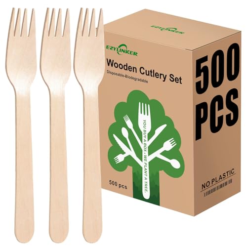500 Holz Gabeln (Wooden Forks) Einwegbesteck Satz - Alternative zu Plastik Gabeln, Umweltfreundlich, Biologisch Abbaubar, Kompostierbares Gabelset – 500 Kompostierbare holzgabeln, Holzbesteck Einweg