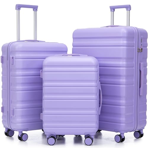 Image of Hardside Luggage Sets, Lightweight Stripes Suitcase with Spinner Wheels, Lavender-181