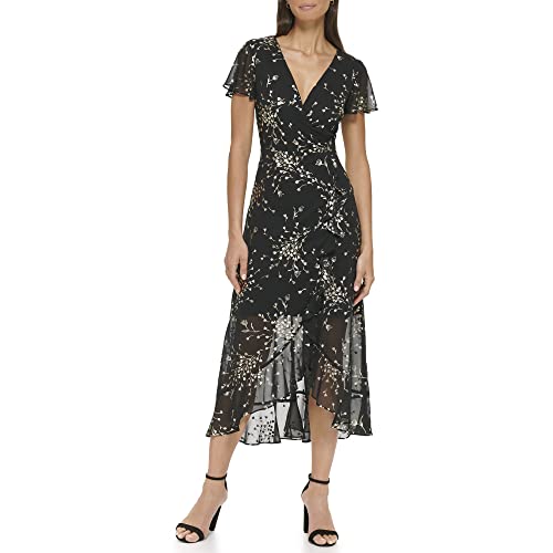 KENSIE Women's Short Flutter Sleeve Faux Wrap Midi Dress, Black