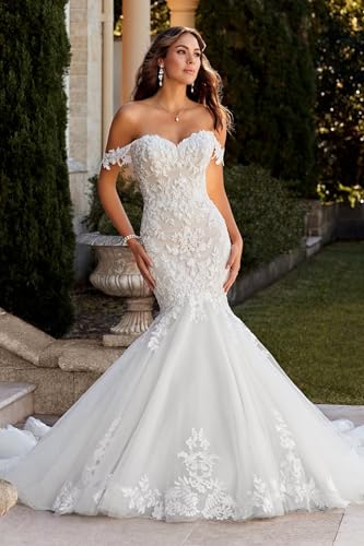 Zeeyecie Off Shoulder Tulle Wedding Dresses Mermaid Lace Applique V-Neck Bridal Gowns with Train for Brides3