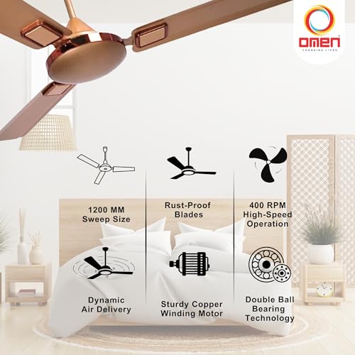Image of Omen Changing Lives 1200mm Vayu Ultra High-Speed Ceiling Fan | Anti-Dust Decorative blades Star Rated Fan | 400 RPM Powerful Air Delivery | Stylish Design | 2-Year Warranty | (Golden)