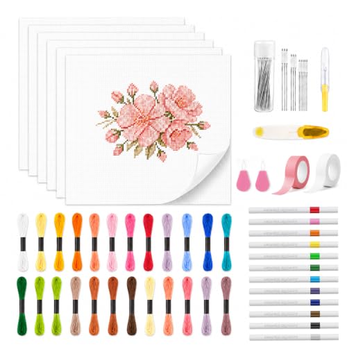 Zplontya 58PCS Needlepoint Canvas Starter Kit Include 6pcs 18ct Needlepoint Blank Canvas Threads Markers Tapes Needles Scissor Threaders and Ripper for Needlepoint & Cross Stitch Projects