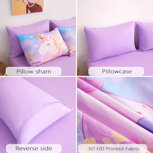 Image of Twin Bedding Sets for Girls 5 Piece,3D Dreamy Lavender Unicorn Comforter Set for Girls, Ultra Soft and Fluffy, Rainbow Bed in a Bag with Comforter Sheets Pillowcase & Sham