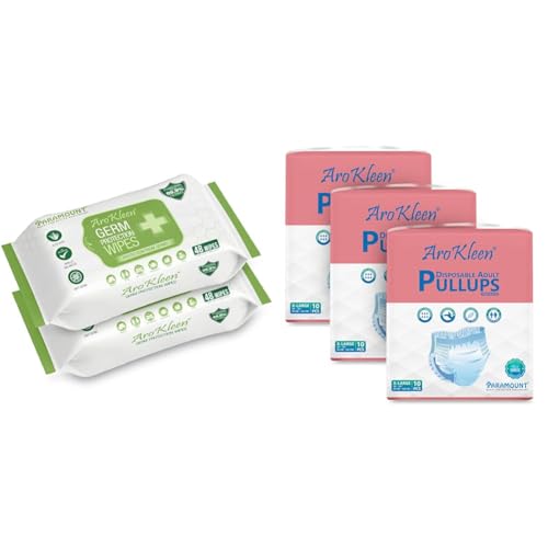 Image of AROKLEEN 99.99% 96 Count Germ Protection Multipurpose Thick & Soft Wet Wipes, 100% Alcohol-Free, D | AROKLEEN Premium Adult Pull-Up Diaper Pants Extra Large Size, 30 Count | Waist Size 96-165 CM | 38