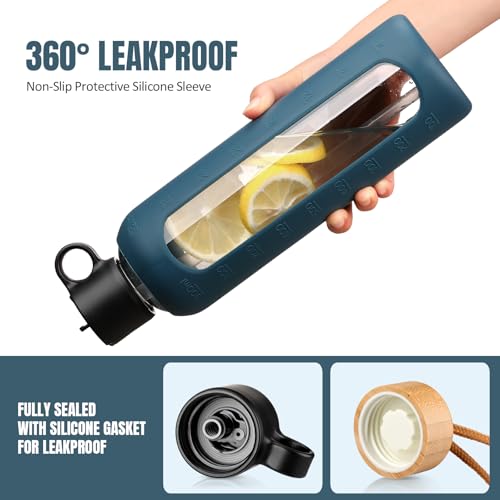 32oz-Glass-Water-Bottle-With-2-Lids-Flip-Straw-Lid-Bamboo-Lid-Glass-Water-Bottle-With-Silicone-Sleeve-Motivational-Time-Marker-Glass-Juice-Bottle-for-Cold-Drink1-Pack-Navy-Blue