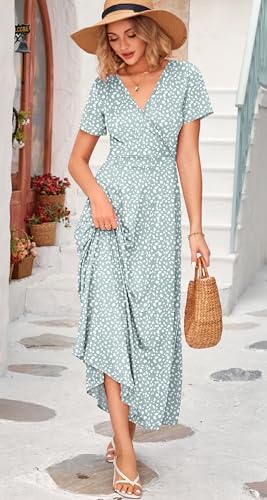 Image of WNEEDU Women's Summer Maxi Dress Short Sleeves Wrap V Neck Long Dresses with Pockets