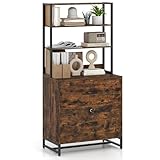 Giantex Lateral File Cabinet with 2 Drawers with Lock, 4-Tier Tall Storage Bookshelf, Steel Frame Large Bookcase, Industrial Display Shelf, Printer Stand for Home Office Filing Cabinet (Rustic Brown)