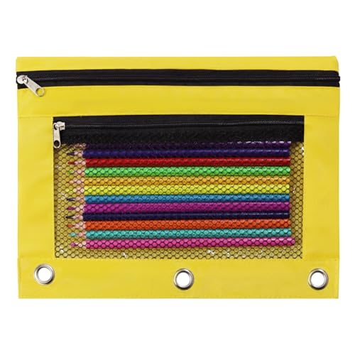 Image of Pencil Pouch for 3 Ring Binder, Heavy Duty Canvas Dual Zipper Pen Bag with Clear Window, Smooth Metal Zipper, Fit Standard 3-Ring Binders for School Office Travel Supplies (Yellow)