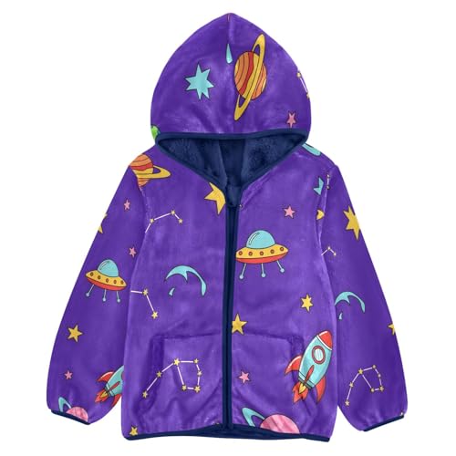 Space Themed Cartoon Pattern Print Toddler Fleece Jacket Girl Boys Hooded Fleece Jacket Coat