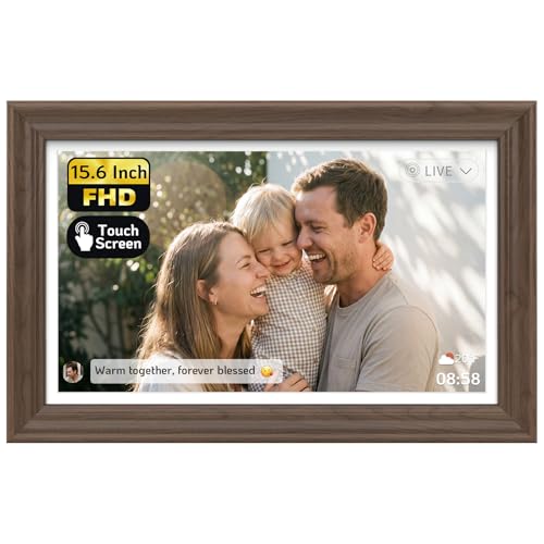 Image of NexFoto Touchscreen Digital Picture Frame 15.6'', FHD WiFi Digital Photo Frame, Wood Electronic Frame 64GB, Add Pics from Google Photos, Share Videos via APP /USB, for Mom /Grandparents /Birthday, Walnut