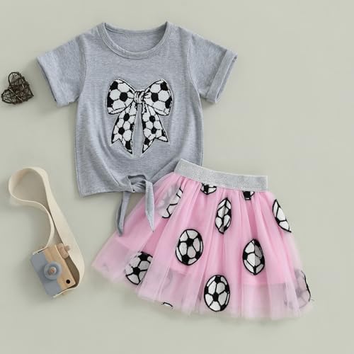 Kayotuas Toddler Girl Summer Clothes Baseball Outfit Fuzzy Baseball/Football Bow Embroidery T-shirt Tulle Skirt 2 Piece Sets3