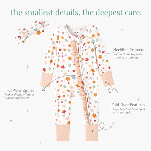 Image of PATPAT Bamboo Viscose Baby Footie with Headband, NB-2T | 2 Way-Zipper, Fold-over mittens and feet, Soft and Breathable, True to size, Stretchy for duration, Comfort in every season