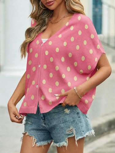 Image of Saodimallsu Womens Summer Oversized Cardigans Batwing Short Sleeve Lightweight Button V Neck Casual Knit Sweater Tops
