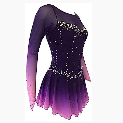 Roxo Vestido De Patinação Artística Para Meninas Mulheres Spandex Traje De Competição Manga Comprida