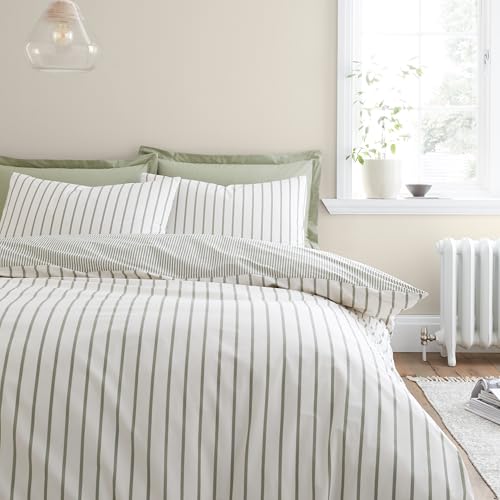 Bianca Hampton Stripe 200 Thread Count Cotton Reversible King Duvet Cover Set with Pillowcases Green