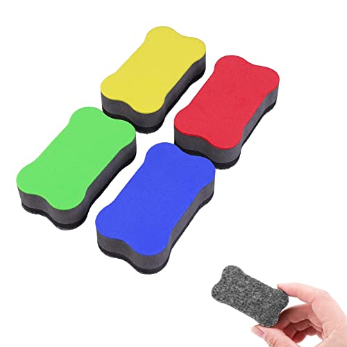4pcs Whiteboard Dry Eraser Chalkboard Dry Erase Erasers,Mini Magnetic Whiteboard Eraser,4 Colors Dry Wipe Eraser with Thick Felt Pad and Bone Shape,Suitable for Classroom School Office Suppies