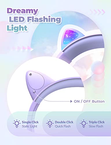 Image of iClever Kids Headphones with Cat Ear Led Light Up, Safe Volume Limite Kids Wired Headphones with FunShare Foldable Over-Ear Headphones for Kids /School /iPad /Tablet /Travel, Meow Donut-Purple
