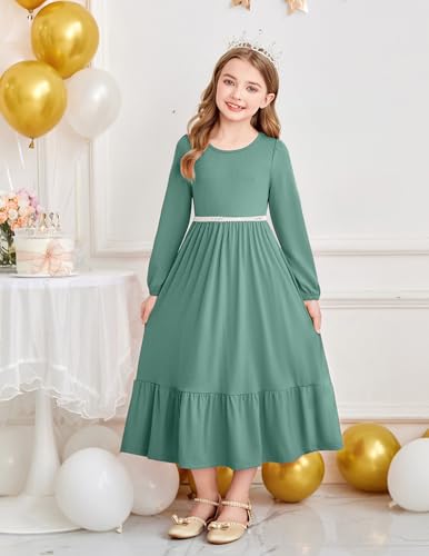 Image of Arshiner Girls Maxi Dresses Lantern Long Sleeve Casual Holiday Dress with Pockets for 5-14 Y