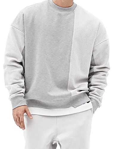 Beotyshow Mens Patchwork Crewneck Sweatshirt Irregular Hem Long Sleeve Sports Casual Pullover Sweatshirt Tops Grey #TOP9